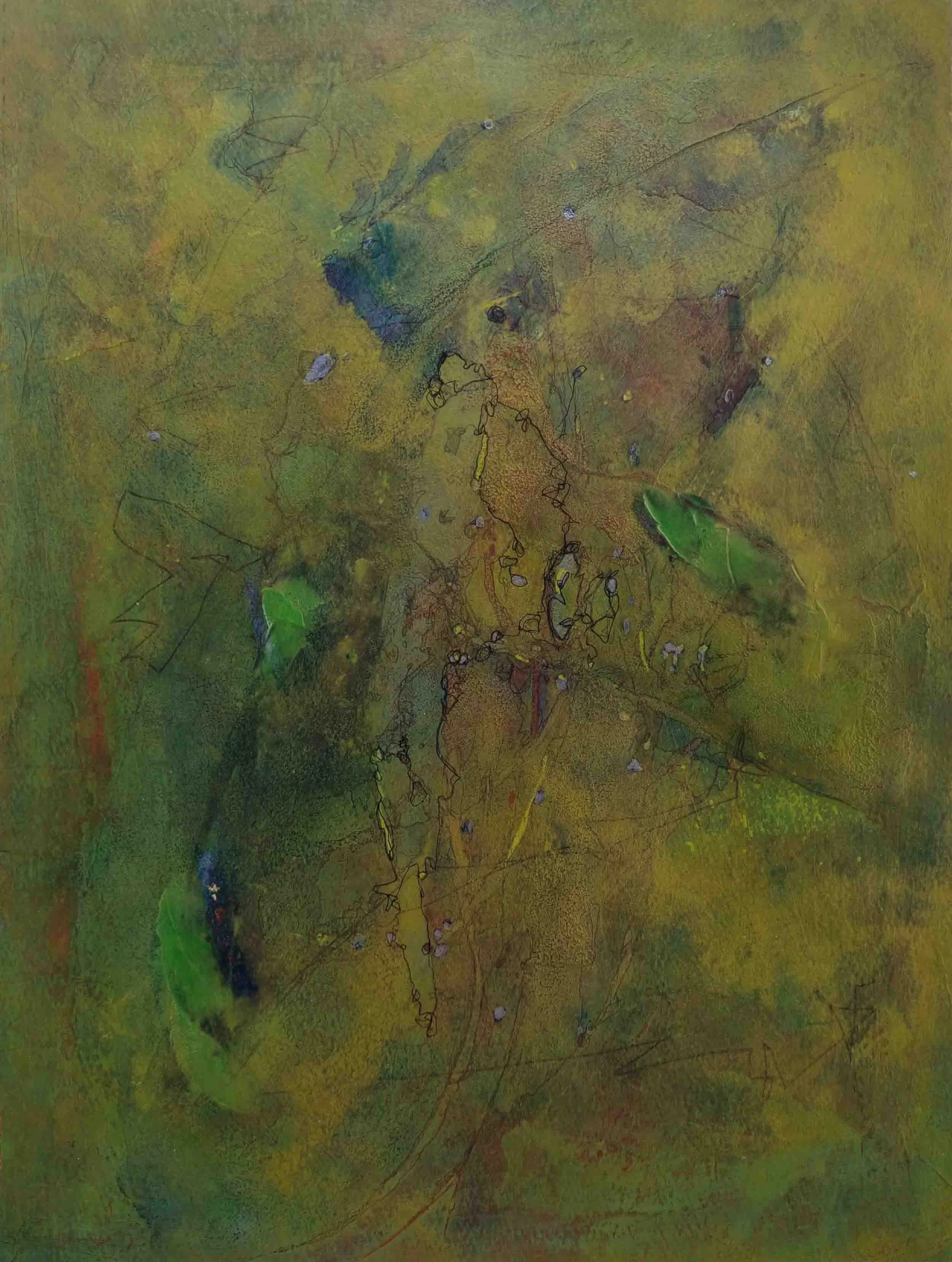 Contemporary painting of irregular shapes in green and silver on green backdrop.