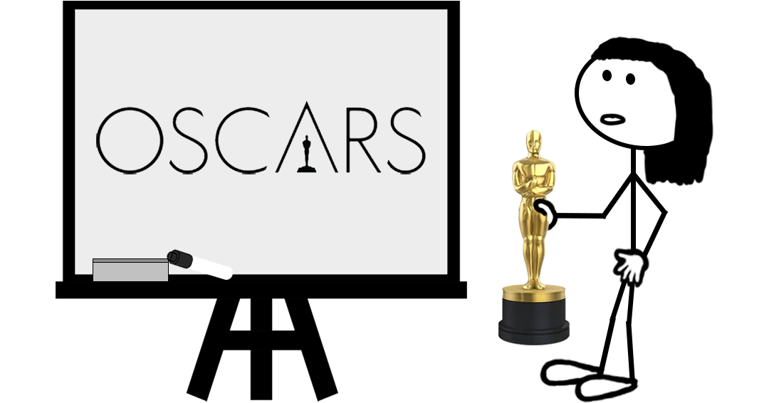 Cartoon stick figure standing next to a whiteboard depicting the OSCARS Logo — representing a blog post about Academy Awards trademark registrations.