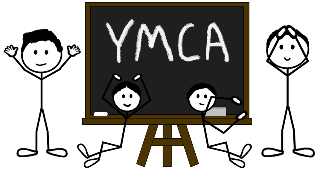 Cartoon stick figures doing the Y-M-C-A dance signs while standing next to a chalkboard with “YMCA” written in large chalk letters — representing a blog post about the YMCA collective membership mark registration.