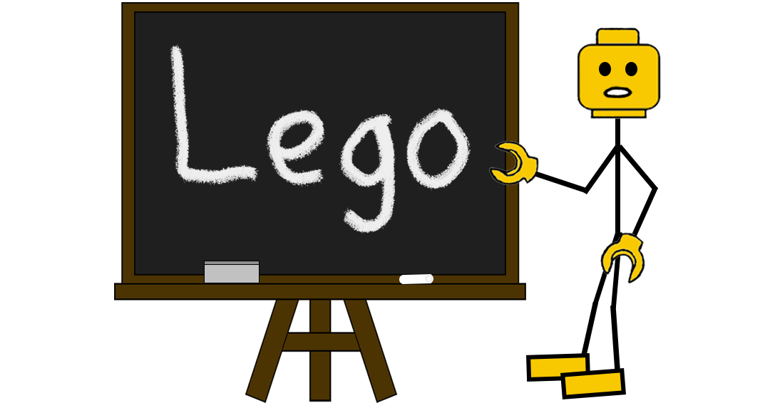 Cartoon stick figure pointing at a chalkboard with “Lego” written in large chalk letters — representing a blog post about the Lego word mark trademark registration.