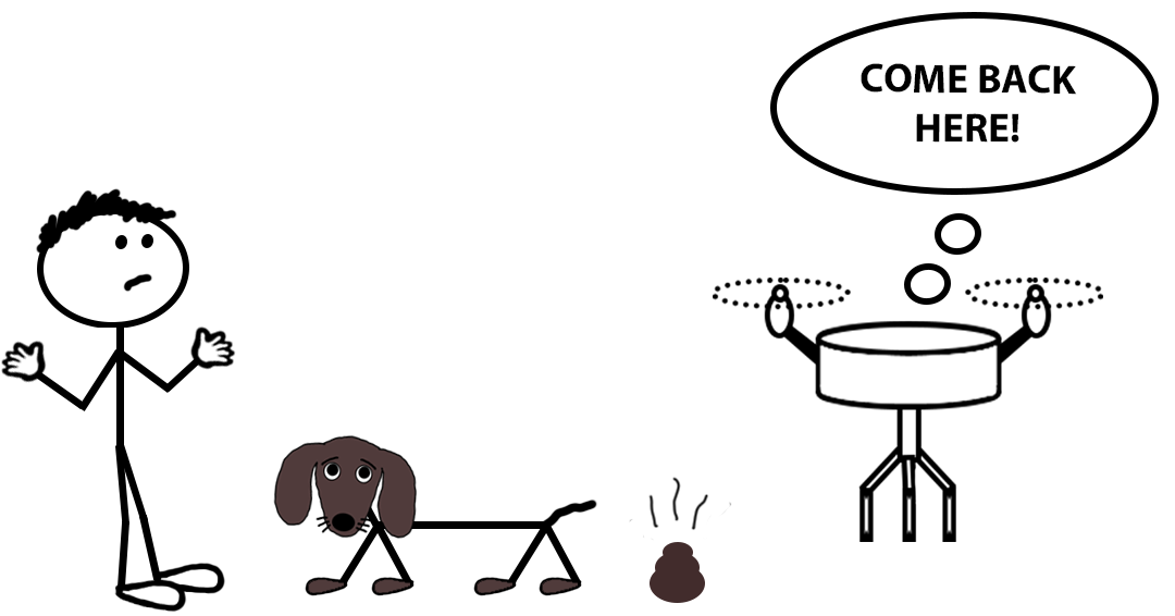 Cartoon of a stick figure, a sad dog, and a steaming pile of pet waste, with a drone flying away saying “COME BACK HERE!” — representing an example of intellectual property protections for a pet waste–collecting drone.
