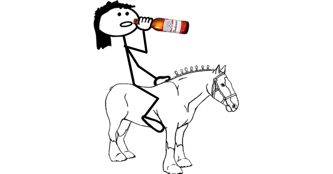 Cartoon stick figure riding a Clydesdale horse while drinking from a beer bottle  – representing a blog post about the Budweiser brand and Clydesdale horse configuration mark trademark registration.