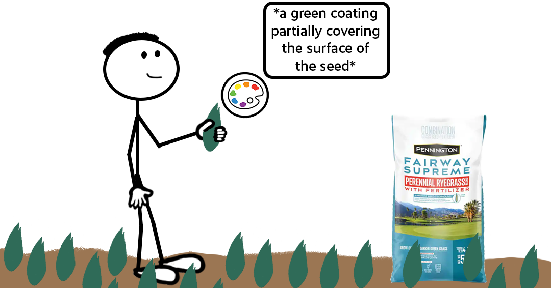 Cartoon stick figure standing in a field of dirt with freshly spread, green-colored grass seed— representing a blog post about the Pennington Green Grass Seed color mark trademark registration.