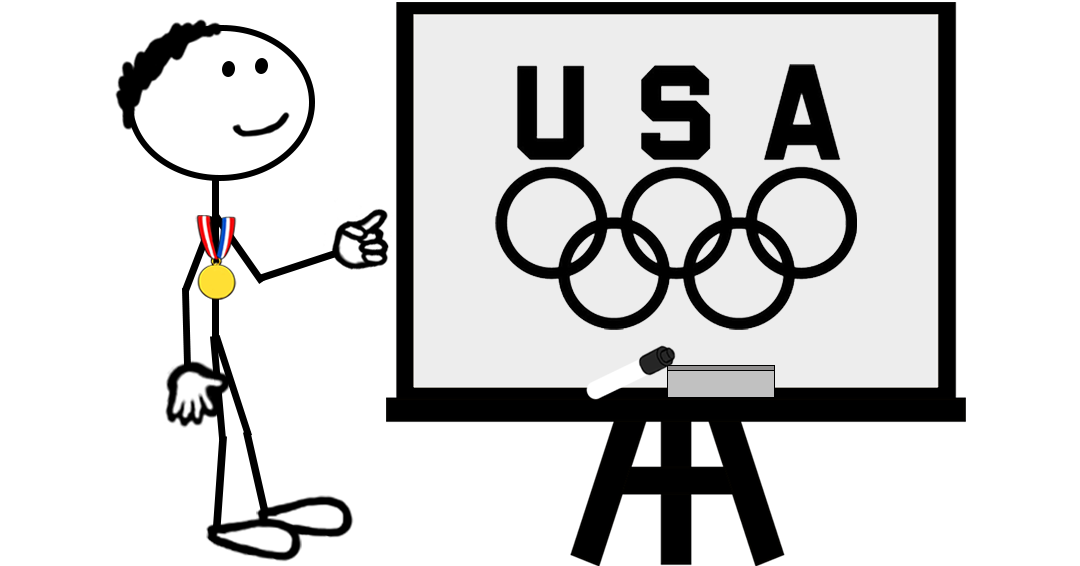 Cartoon stick figure pointing at a whiteboard with “USA” written in large letters above the Olympic rings — representing a blog post about the Olympics and Team USA trademark registrations.