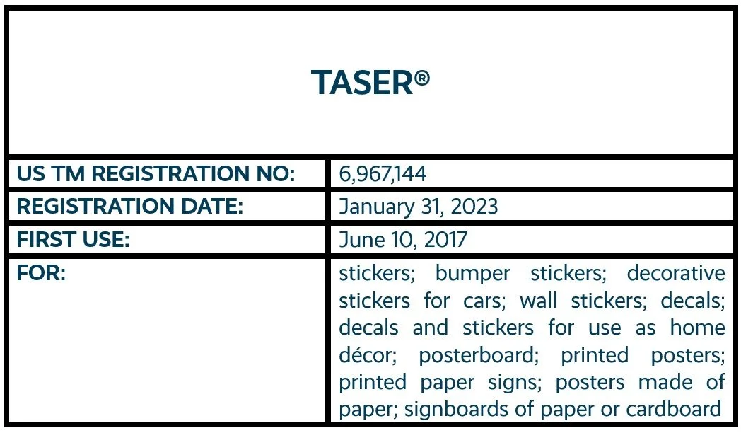 TASER word mark trademark registration for stickers
