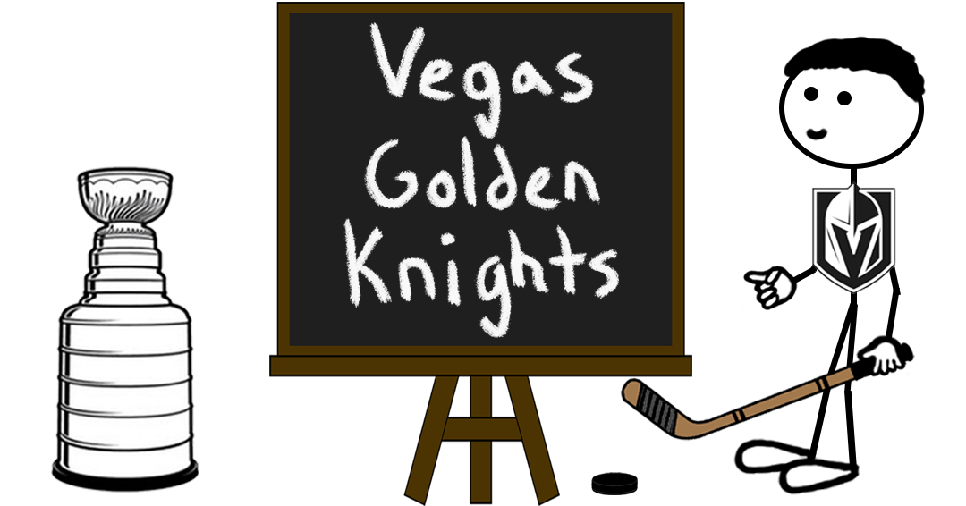 Cartoon stick figure hockey player standing next to a chalkboard reading “Vegas Golden Knights” – representing a blog post about the 2026 Stanley Cup finals and the Western Conference champion Golden Knights.