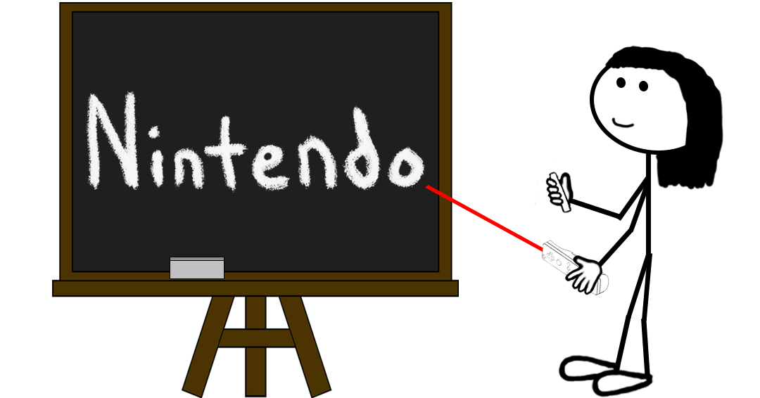 Cartoon stick figure using a Wiimote to point at a chalkboard with “Nintendo” written in large chalk letters — representing a blog post about the Nintendo word mark trademark registration.