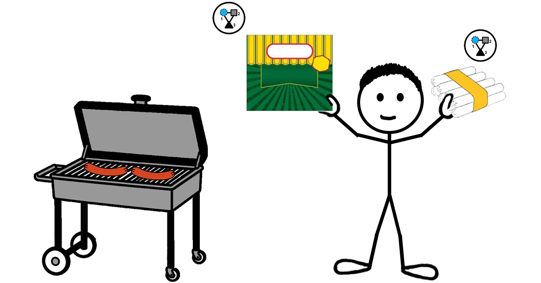 Cartoon stick figure holding two branded packages of hot dogs while standing next to a grill cooking hot dogs — representing a blog post about the hot dog packaging non-traditional trademark registrations.