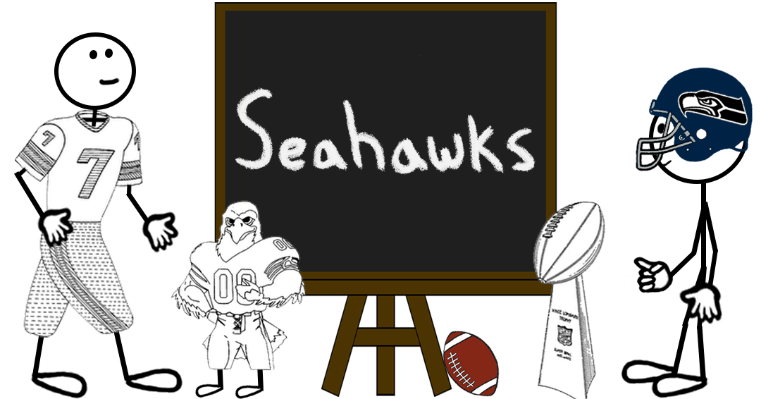 Two stick figures, one wearing a Seahawks helmet and the other wearing a Seahawks uniform, standing next to a chalkboard reading “Seahawks” – representing a blog post about the trademark registrations for the Seattle Seahawks.
