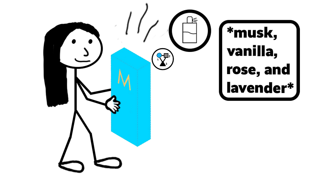 Cartoon stick figure holding a bright blue Moroccanoil box with scent permeating of the notes musk, vanilla, rose, and lavender — representing a blog post about the Moroccanoil scent mark trademark registration.
