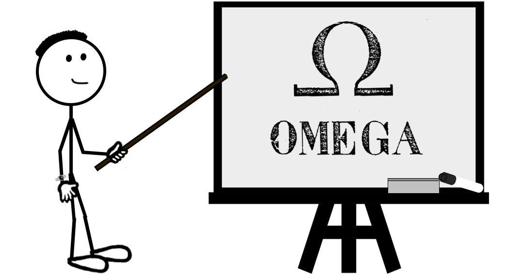 Cartoon stick figure pointing at a whiteboard displaying the omega symbol above the word “OMEGA” — representing a blog post about the Omega Logo design mark trademark registration.