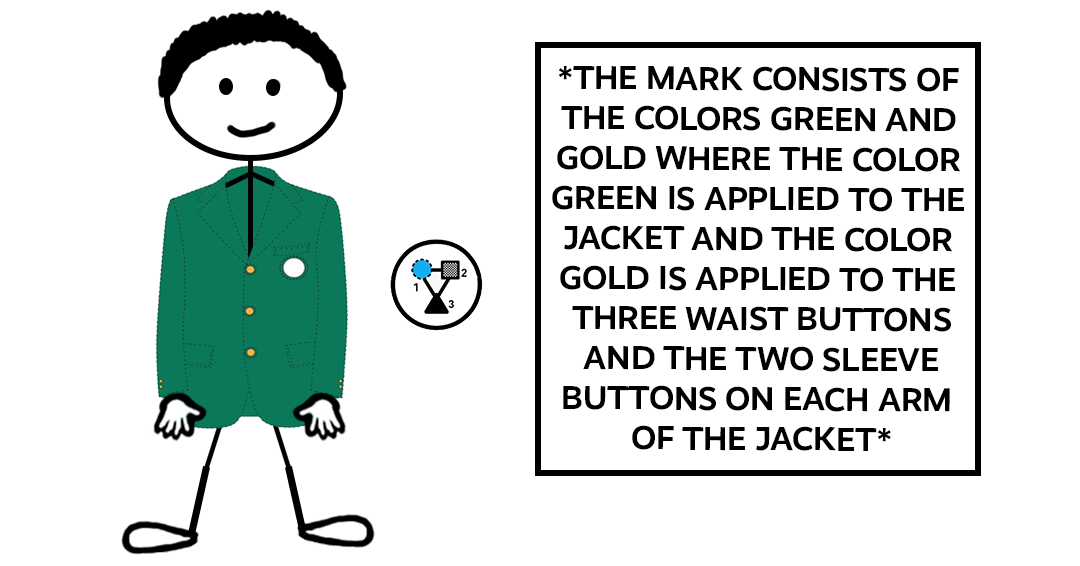 Cartoon stick figure wearing a green jacket having yellow buttons — representing a blog post about the Masters Green Jacket configuration mark trademark registration.