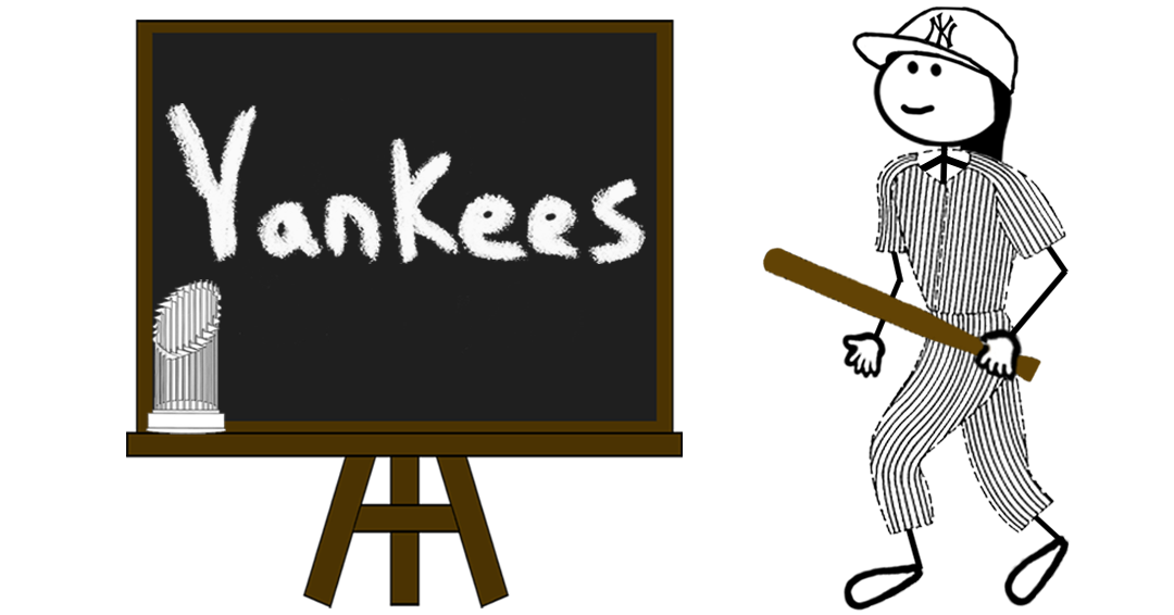 Cartoon stick figure in NY Yankees cap and uniform holding a bat beside a chalkboard with “Yankees” written in large chalk letter— representing the New York Yankees.