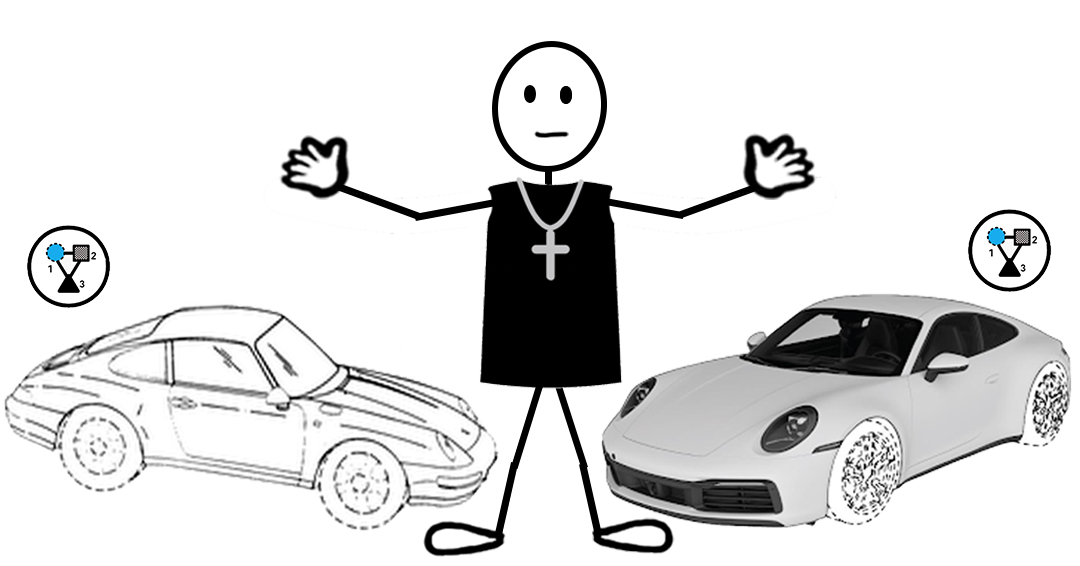Cartoon stick figure dressed like Vin Diesel from The Fast & The Furious standing between two Porsche 911 sports cars with distinctive trade dress — representing a blog post about the Porsche 911 configuration mark trademark registration.