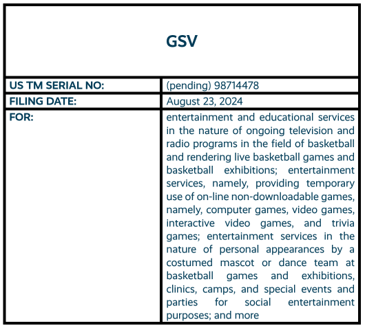 GSV word mark pending trademark application