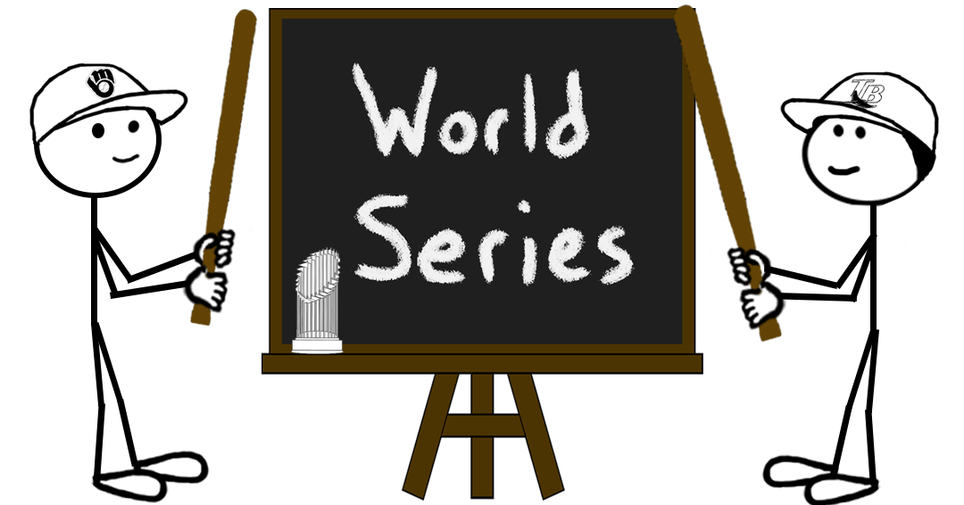 Cartoon stick figures wearing Milwaukee Brewers and Tampa Bay Rays caps hold baseball bats beside a chalkboard reading “World Series” with a trophy — representing a blog post on trademarks for the 2026 World Series.