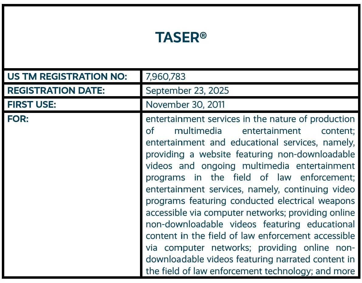 TASER word mark trademark registration for entertainment services