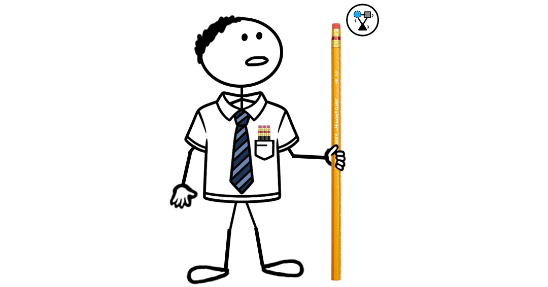 Cartoon stick figure holding a pencil having a red-banded ferrule end — representing a blog post about the Mirado Pencil configuration mark trademark registration.