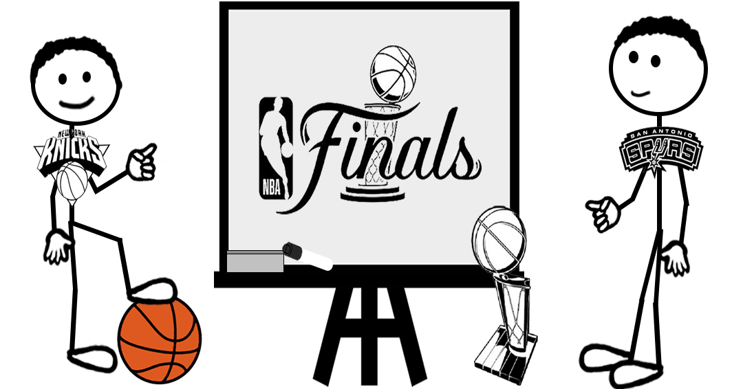 Cartoon basketball stick figures standing next to a whiteboard depicting the NBA Finals Logo - representing a blog post about trademark registrations related to the 2026 NBA Finals
