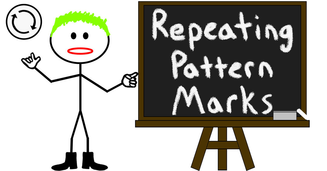 Cartoon stick figure with green hair, red lips, and black boots, standing next to a chalkboard reading "Repeating Pattern Marks" - representing a blog post about repeating pattern marks non-traditional trademarks