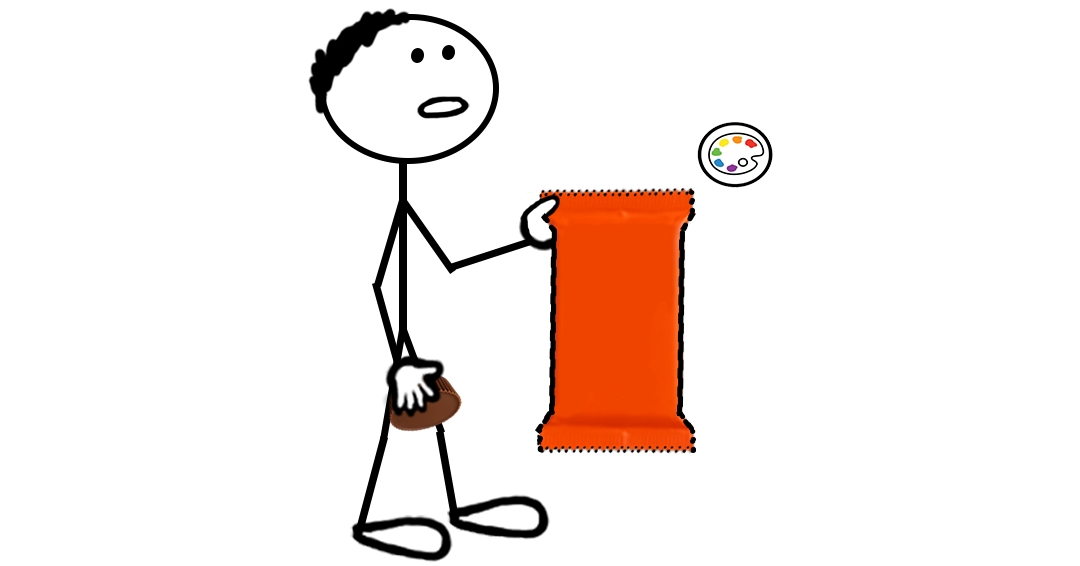 Cartoon stick figure holding a peanut butter cup in one hand and a bright orange candy wrapper in the other — representing a blog post about the Reese’s Orange color mark trademark registration.
