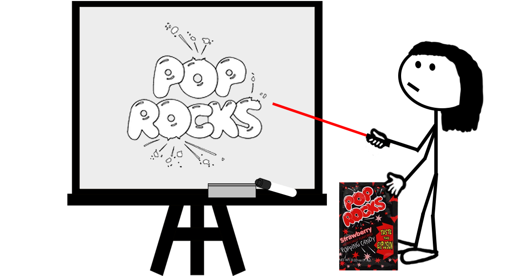 Cartoon stick figure pointing at a whiteboard depicting a logo with the words “POP ROCKS” in large letters — representing a blog post about the Pop Rocks brand and trademark registrations.