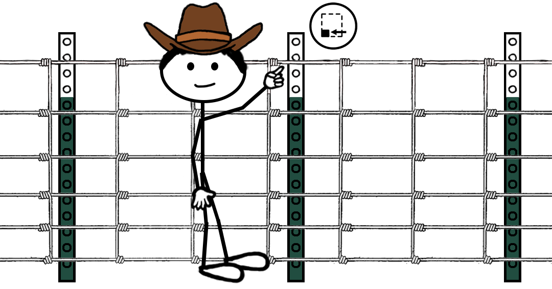 Cartoon stick figure cowboy in front of a wire fence with white painted posts — representing a blog post about the CMC White Fence Post position mark trademark registration.