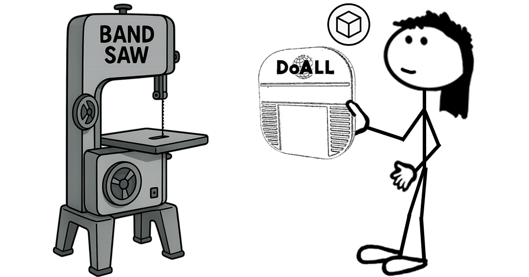 Cartoon stick figure standing next to a band saw machine and holding packaging containing a DoALL band saw — representing a blog post about the DoALL Packaging Shape mark trademark registration.