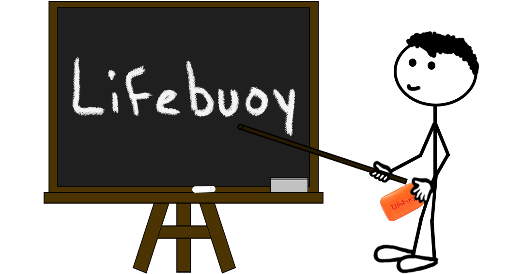 Cartoon stick figure pointing at a chalkboard with “LIFEBUOY” written in large chalk letters — representing a blog post about the Lifebuoy word mark trademark registration.