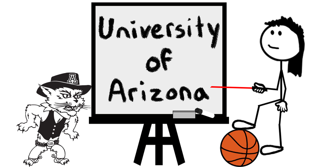 Cartoon stick figure standing on a basketball and pointing at a whiteboard reading UNIVERSITY OF ARIZONA – representing a blog post about Final Four 2026 trademark registrations for the University of Arizona.