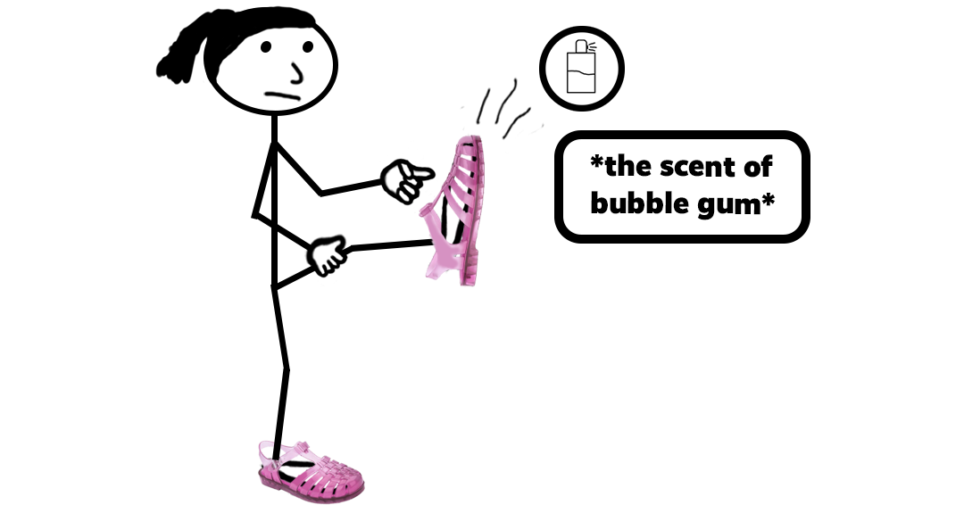 Cartoon stick figure holding its leg in the air and smelling its shoe — representing a blog post about the Grendene Melissa Bubblegum Shoe scent mark trademark registration.