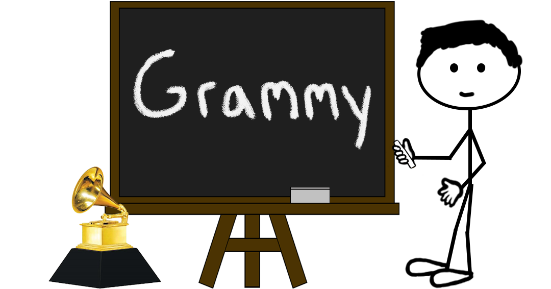 Cartoon stick figure standing next to a chalkboard with “GRAMMY” in chalk letters — representing a blog post about Grammy Awards trademark registrations.