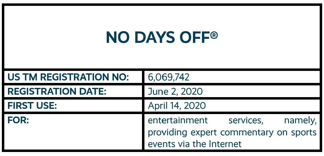 No Days Off word mark trademark registration