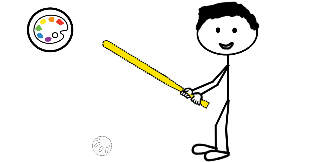 Cartoon stick figure posing while holding a yellow Wiffle bat with a white Wiffle ball on the ground — representing a blog post about the Wiffle Yellow color mark non-traditional trademark.