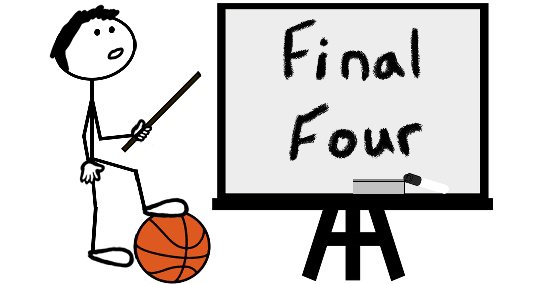 Cartoon stick figure standing on a basketball and pointing at a whiteboard reading "FINAL FOUR" – representing a blog post about Final Four 2026 trademark registrations.