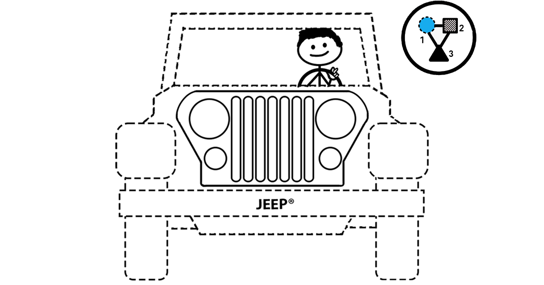 Black-and-white cartoon of a Jeep front view with its distinctive seven-slot grille configuration and a cartoon stick figured driver waving — representing the Jeep grille configuration mark.