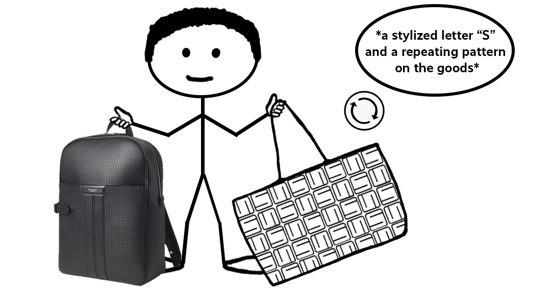 Cartoon stick figure holding a backpack in one hand and a stylized bag with a repeating “S” mark in the other hand – representing a blog post about the Serapian Stepan repeating pattern mark trademark registration.