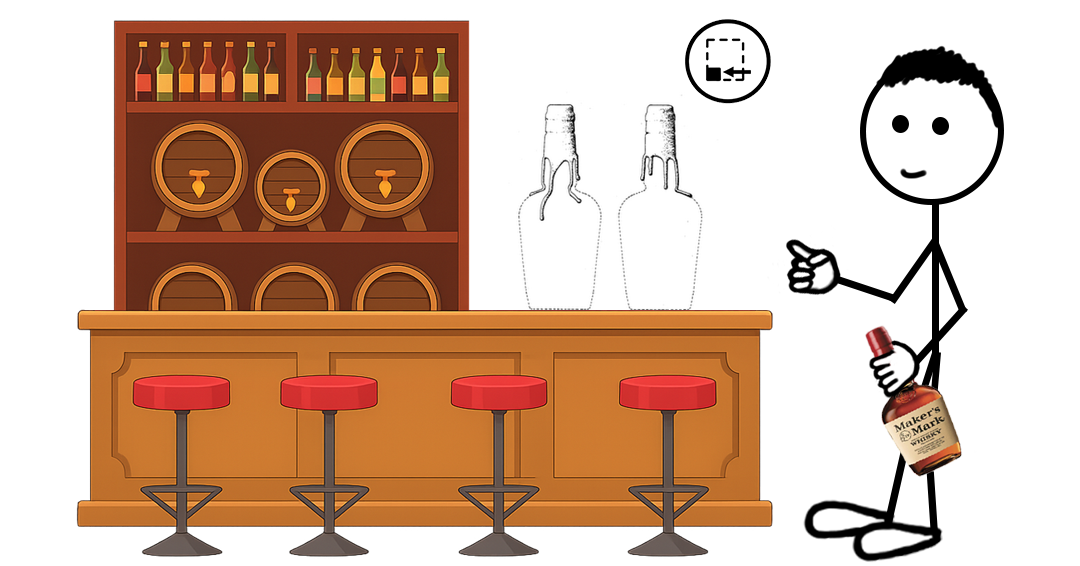 Cartoon stick figure standing next to a bar having liquor bottles with wax seals positioned on the counter — representing a blog post about the Maker’s Mark Wax Seal position marks trademark registrations.