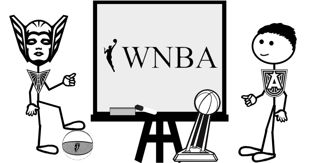 Cartoon Golden State Valkyries and Atlanta Dream basketball players standing next to a whiteboarding reading "WNBA" - representing a blog post about trademarks for the 2026 WNBA Finals.