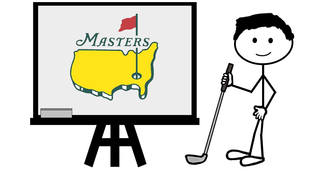 Cartoon stick figure holding a golf club next to a whiteboard with an image of a yellow United States with a hole and flag — representing a blog post about the MASTERS trademark registrations.