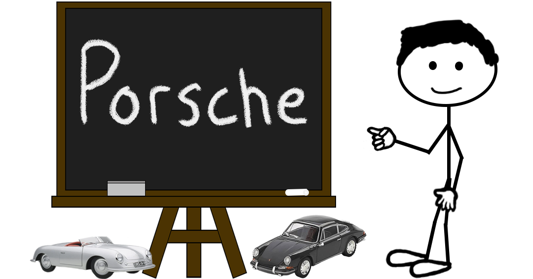 Cartoon stick figure pointing at a chalkboard with “Porsche” written in large chalk letters — representing a blog post about Porsche word mark and design mark trademark registrations.