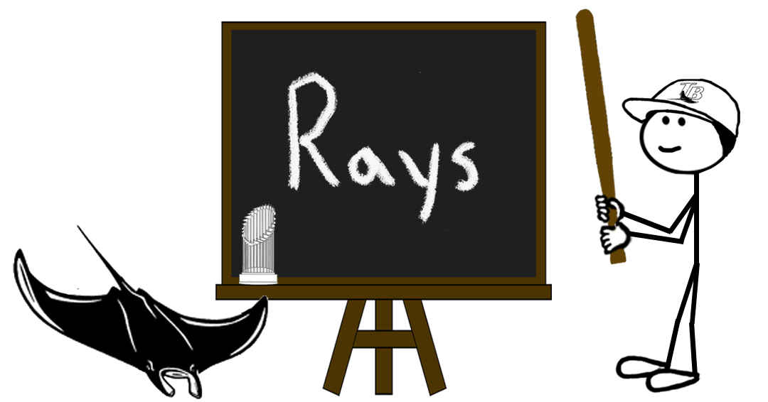 Cartoon stick figure wearing a Tampa Bay Rays cap and holding a baseball bat opposite a devil ray fish and next to a chalkboard reading “Rays” with a trophy — representing a blog post about trademarks in the 2026 World Series.