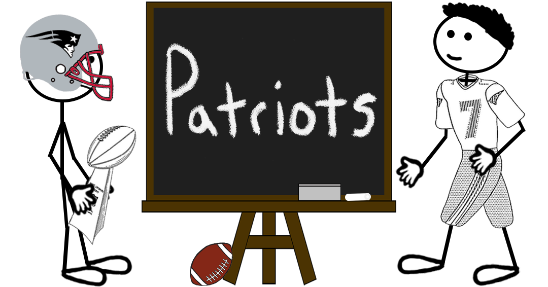 Two stick figures, one wearing a Patriots helmet and the other wearing a Patriots uniform, standing next to a chalkboard reading “PATRIOTS” – representing a blog post about the trademark registrations for the New England Patriots.