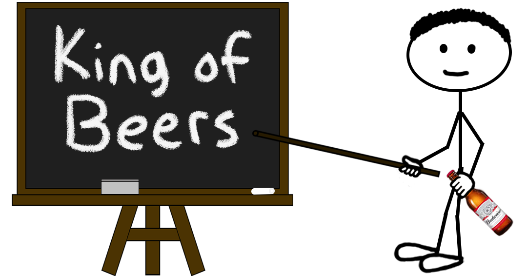Cartoon stick figure holding a beer bottle and pointing at a chalkboard with “King of Beers” written in large chalk letters — representing a blog post about the Budweiser brand and King of Beers word mark trademark registration.