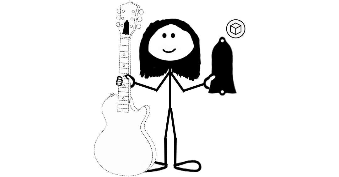 Cartoon rocker stick figure holding a guitar in one hand and a bell-shaped truss rod cover in the other hand — representing a blog post about the Gibson Bell Truss Rod Cover shape mark trademark registration.
