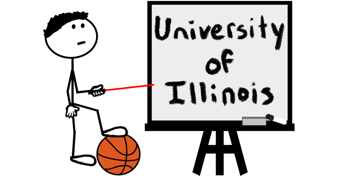 Cartoon stick figure standing on a basketball and pointing at a whiteboard reading UNIVERSITY OF ILLINOIS – representing a blog post about Final Four 2026 trademark registrations for the University of Illinois.