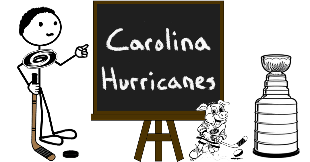 Cartoon stick figure hockey player standing next to a chalkboard reading “Carolina Hurricanes” – representing a blog post about the 2026 Stanley Cup finals and the Eastern Conference champion Hurricanes.