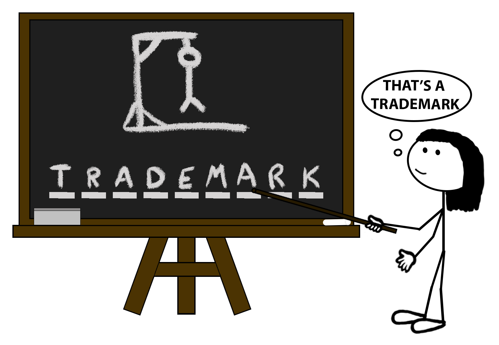 Stick figure pointing towards a chalkboard with a hangman above filled text reading "TRADEMARK"