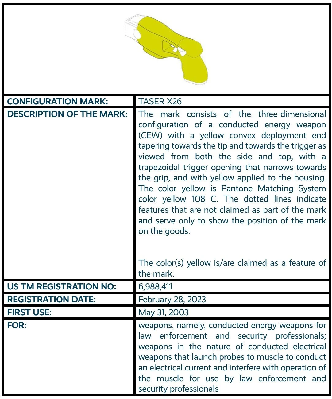 TASER X26 configuration mark trademark registration