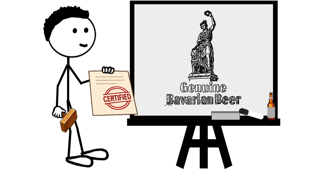 Cartoon stick figure pointing at a whiteboard depicting a logo having the words “Genuine Bavarian Beer” – representing a blog post about the Genuine Bavarian Beer Logo certification mark.